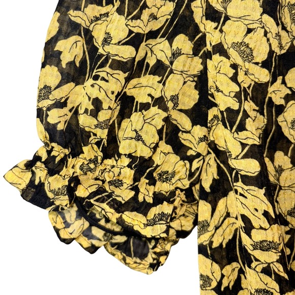 Who What Wear Floral Blouse Top Yellow Black Short‎ Sleeve Smocked Waist Small - Picture 4 of 7